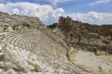 Magnificently beautiful amphitheatre and marble carved decorations in the ancient city of Perge                    