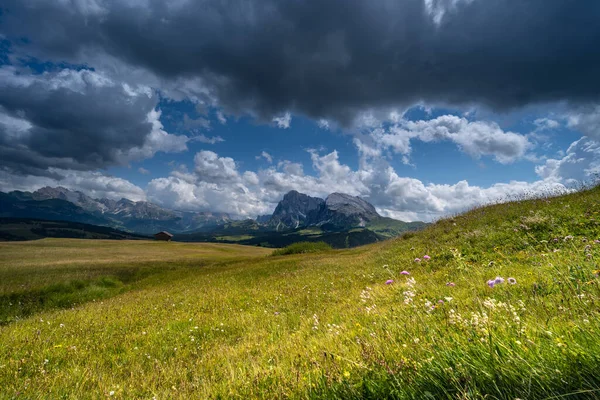 Moody sky over meadows in the Dolomites, Trentino Italy. Summer 2021. High quality photo with super wide angle lens.