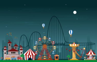 Gece eğlencesi Park Eğlence Fuarı Karnavalı Düz Vektör Çizimi