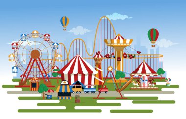 Lunapark Eğlenceli Karnaval Düz Vektör Resimleri Sürüyor