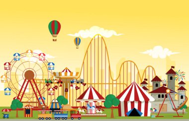 Lunapark Eğlenceli Karnaval Düz Vektör Resimleri Sürüyor