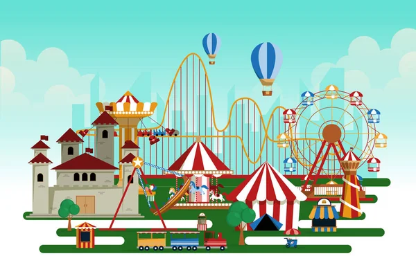 Parque Atracciones Paseos Feria Diversión Carnaval Plano Vector Ilustración — Vector de stock