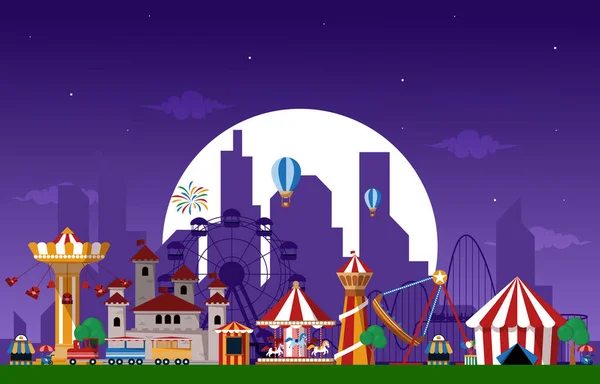 Moon Amusement Park Fun Fair Carnival Flat Vector Illustration — Stock Vector