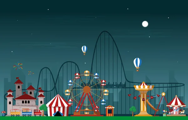 Ночной Парк Развлечений Amusement Fair Carnival Flat Vector — стоковый вектор