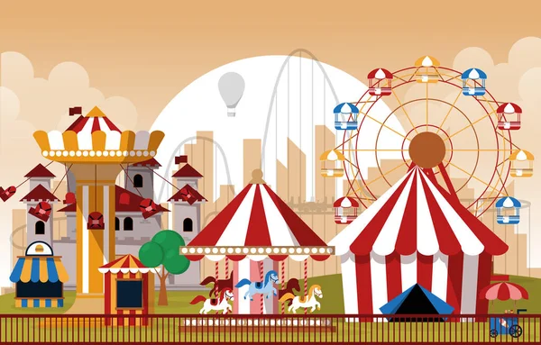 Сонячний Парк Розваг Веселий Ярмарок Карнавалу Плоский Векторні Ілюстрації — стоковий вектор