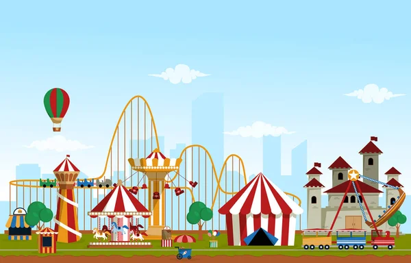 Fusement Park Rides Fun Fair Carnival Flat Vector Illustration — 스톡 벡터