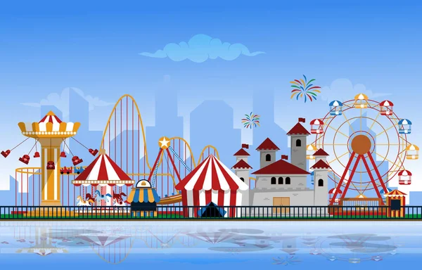 Parc Attractions Promenades Fun Fair Carnaval Vecteur Plat Illustration — Image vectorielle