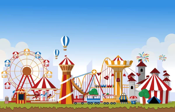 Parque Atracciones Paseos Feria Diversión Carnaval Plano Vector Ilustración — Vector de stock