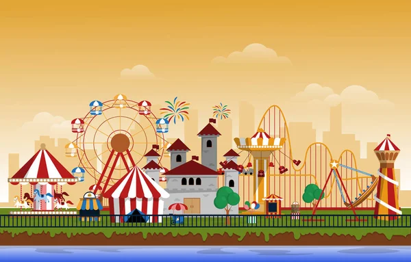 Vidámpark Rides Fun Fair Carnival Flat Vector Illusztráció — Stock Vector