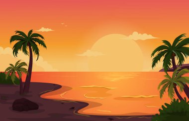 Güzel Sunset Beach Tatil Tatili Tropikal Vektör İllüstrasyonu