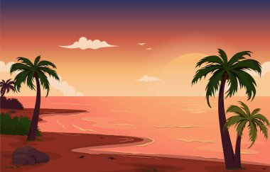 Güzel Sunset Beach Tatil Tatili Tropikal Vektör İllüstrasyonu