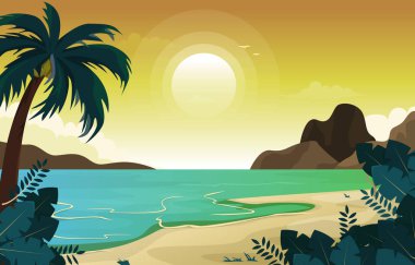 Güzel Sunset Beach Tatil Tatili Tropikal Vektör İllüstrasyonu