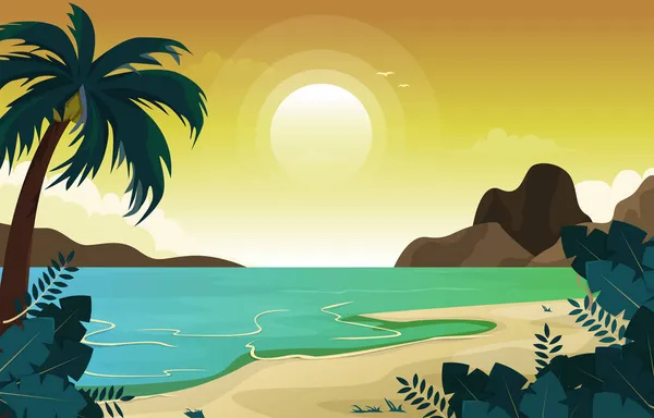 Hermosa Puesta Sol Playa Mar Vacaciones Vacaciones Tropical Vector Ilustración — Vector de stock