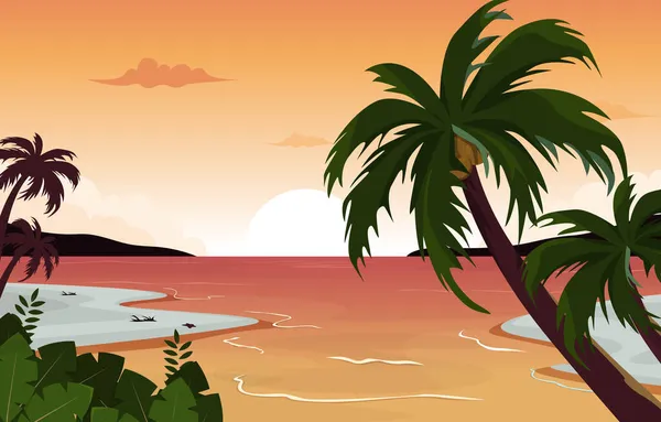 Hermosa Puesta Sol Playa Mar Vacaciones Vacaciones Tropical Vector Ilustración — Vector de stock