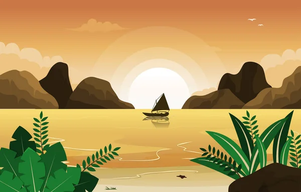 Boat Beach Τοπίο Θέα Θάλασσα Διακοπές Tropical Διανυσματική Απεικόνιση — Διανυσματικό Αρχείο