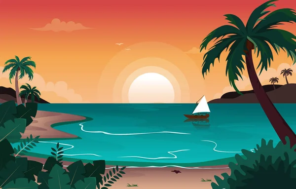 Barco Playa Paisaje Vista Mar Vacaciones Tropical Vector Ilustración — Vector de stock