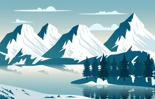 Lago Nieve Montaña Hielo Congelado Naturaleza Paisaje Aventura Ilustración — Archivo Imágenes Vectoriales