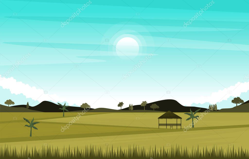 Hut Asian Paddy Rice Field Agriculture Nature View Illustration