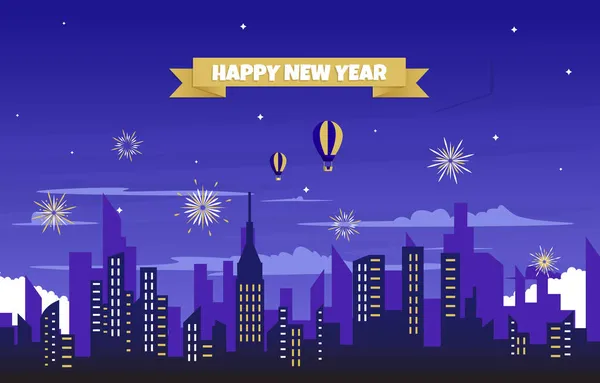 Night City Building Happy New Year Celebration Card Vector Illustration - Stok Vektor