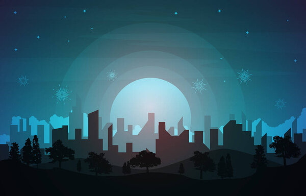 Beautiful Night City Building New Year Celebration Card Vector Illustration