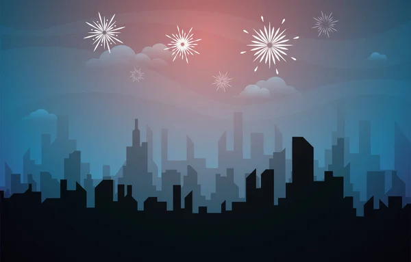 Όμορφη Νύχτα City Κτίριο Πρωτοχρονιά Celebration Card Διάνυσμα Εικονογράφηση — Διανυσματικό Αρχείο