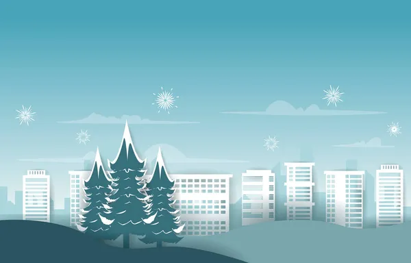 Πυροτεχνήματα City Building Pine Tree Χειμώνας Πρωτοχρονιά Χαρτί Περικοπή Εικονογράφηση — Διανυσματικό Αρχείο
