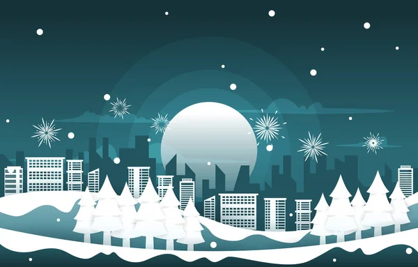 Νυχτερινά Πυροτεχνήματα City Building Χειμώνας Πρωτοχρονιά Χαρτί Περικοπή Εικονογράφηση — Διανυσματικό Αρχείο
