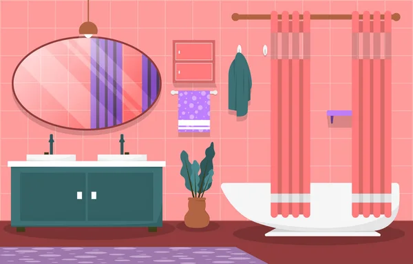 清潔なバスルームインテリアデザインミラーバスタブ家具フラットイラスト — ストックベクタ