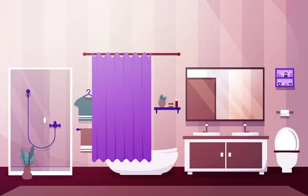 Clean Bathroom Interior Design Mirror Shower Furniture Flat Illustration - Stok Vektor