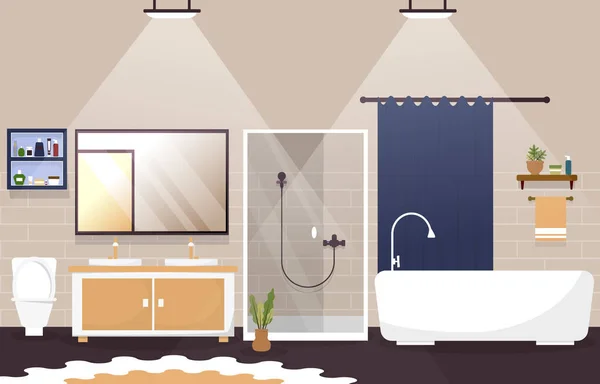 Baño Limpio Diseño Interiores Bañera Ducha Muebles Ilustración Plana — Vector de stock