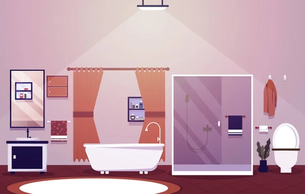 Sauberes Badezimmer Raumgestaltung Dusche Badewanne Möbel Flache Illustration — Stockvektor
