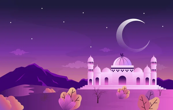 Noche Mezquita Ramadán Kareem Eid Mubarak Islámica Musulmana Celebración Tarjeta — Vector de stock