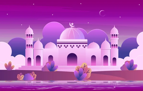 Νυχτερινό Τζαμί Ramadan Kareem Eid Mubarak Ισλαμική Μουσουλμανική Κάρτα Εορτασμού — Διανυσματικό Αρχείο