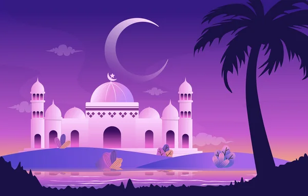 Noche Mezquita Ramadán Kareem Eid Mubarak Islámica Musulmana Celebración Tarjeta — Vector de stock