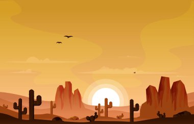 Sunrise Cliff Desert Country Kaktüsü Seyahat Vektörü Düz Tasarım Çizimi