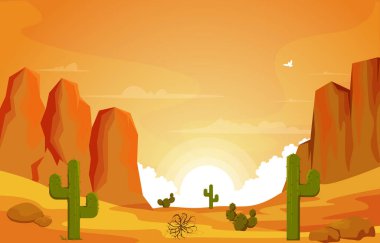 Sunrise Cliff Desert Country Kaktüsü Seyahat Vektörü Düz Tasarım Çizimi