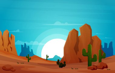 Sunrise Cliff Desert Country Kaktüsü Seyahat Vektörü Düz Tasarım Çizimi
