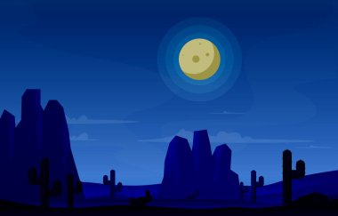 Gece Ay Çöl Kaktüsü Seyahat Vektörü Düz Tasarım Çizimi