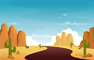 Road Street Desert Country Kaktüsü Seyahat Vektörü Düz Tasarım Çizimi