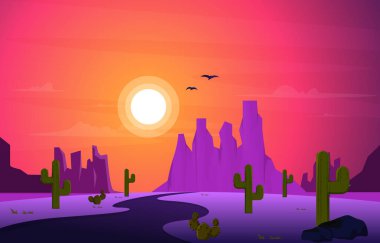 Road Street Desert Country Kaktüsü Seyahat Vektörü Düz Tasarım Çizimi