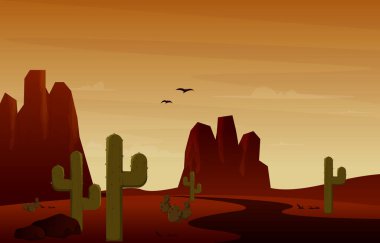 Road Street Desert Country Kaktüsü Seyahat Vektörü Düz Tasarım Çizimi