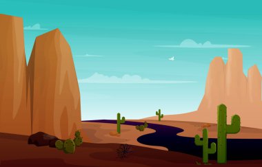 Road Street Desert Country Kaktüsü Seyahat Vektörü Düz Tasarım Çizimi