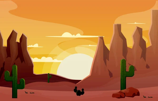 Sunrise Cliff Desert Kraj Kaktus Podróże Wektor Płaski Design Ilustracja — Wektor stockowy