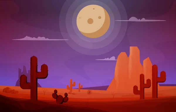 Nacht Mond Wüste Land Kaktus Reise Vektor Flaches Design Illustration — Stockvektor