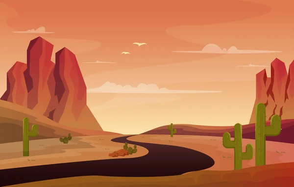 Road Street Desert Country Cactus Travel Vector Flat Design Ilustración — Vector de stock