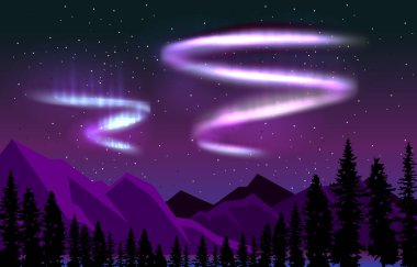 Güzel Aurora Borealis Gökyüzü Hafif Çam Dağı Macerası Kutup Manzarası Çizimi