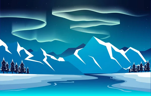 Bela Aurora Borealis Sky Light Snow Mountain River Ilustração Paisagem —  Vetores de Stock