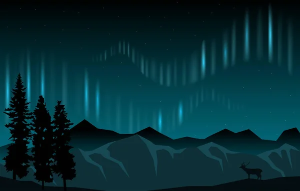 Beautiful Aurora Borealis Sky Light Pine Deer Mountain Polar Landscape — стоковий вектор