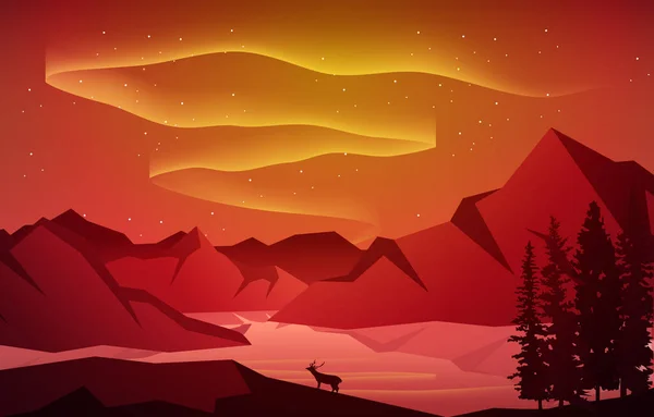 Krásná Aurora Borealis Sky Light Pine Deer Mountain Polární Krajina — Stockový vektor