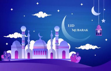 Night Mosque Eid Mubarak Muslim Islamic Celebration Vector Illustration